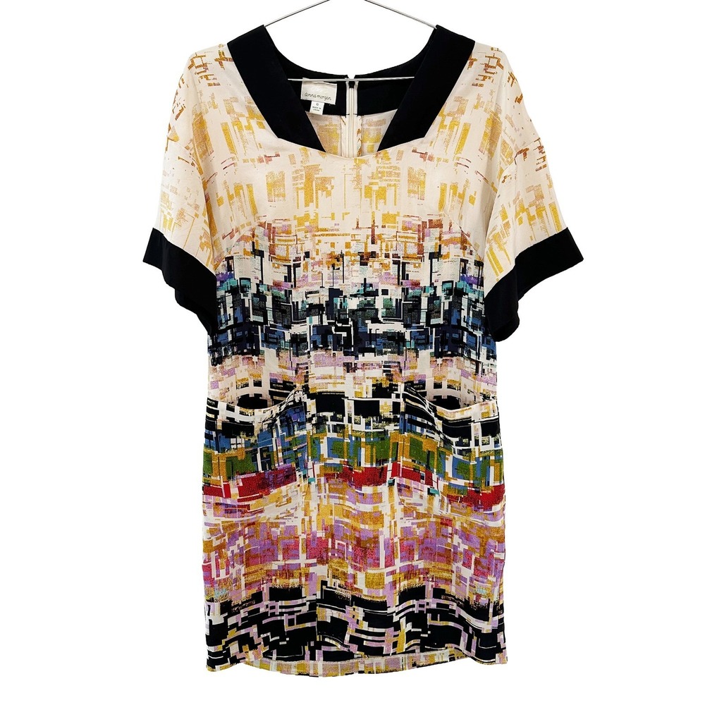 DONNA‎ MORGAN 100% Silk Retro Shift Dress • 6 • black, cream, multicolor • chic